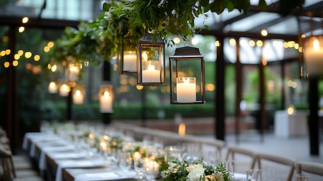Hanging greenery garlands with glowing lanterns above a long rustic wedding table, creating a warm, romantic atmosphere with soft candlelight. Hanging greenery garlands with glowing lanterns above a long rustic wedding table, creating a warm, romantic atmosphere with soft candlelight.