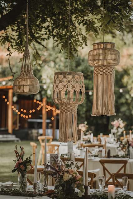 Hanging Macramé Lanterns Hanging macramé lanterns sway gently from tree branches at an outdoor wedding, adding a bohemian touch over tables set with florals.