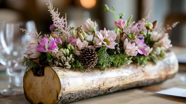 Hollowed-Out Logs with Flowers Hollowed log centerpiece filled with pink wildflowers, moss, and pinecones on a rustic wedding table with soft, romantic natural textures.