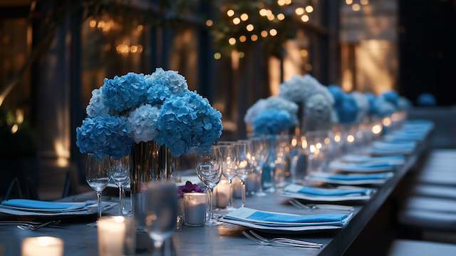 Hydrangea Heaven Elegant wedding table with blue and white hydrangea centerpieces, candles, and glassware glowing under warm evening string lights.