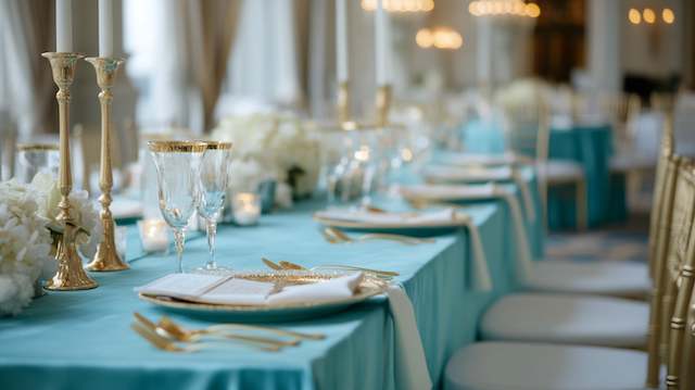 Wedding Decor 23 Elegant tables with turquoise linens, gold flatware, and white floral centerpieces create a sophisticated and refreshing atmosphere