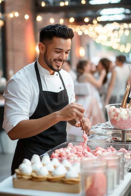 Interactive Dessert Station A chef wearing a white coat and black apron serves gelato at an outdoor event, smiling while arranging treats. String lights create a festive ambiance.