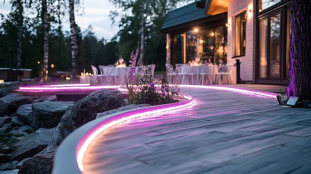 LED Rope Lights Curved walkway outlined with pink LED rope lights leading to an outdoor wedding reception with glowing candles and round tables near a modern venue.