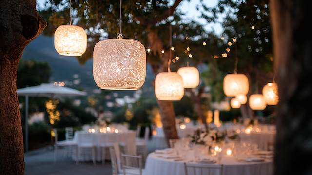 Lace Lampshades with Lights Soft glowing lace lampshade lights hanging from tree branches above an outdoor wedding reception with round tables and candlelit centerpieces.