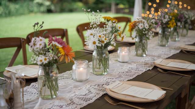 Lace Table Runners with Wildflowers Rustic wedding table with a lace runner, mason jars filled with colorful wildflowers, and candle votives creating a soft, romantic setting.