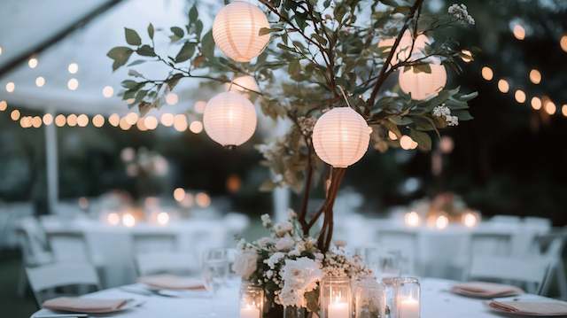 Lantern Tree Centerpiece Paper lanterns hanging from a small tree centerpiece with candles and greenery on elegant outdoor wedding tables under soft string lights.