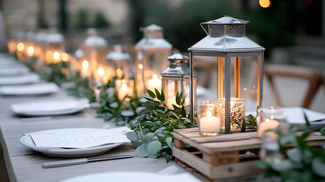 Lanterns with Greenery Rustic wedding table with glowing lantern centerpieces, greenery garlands, and candles creating a warm, romantic evening ambiance.