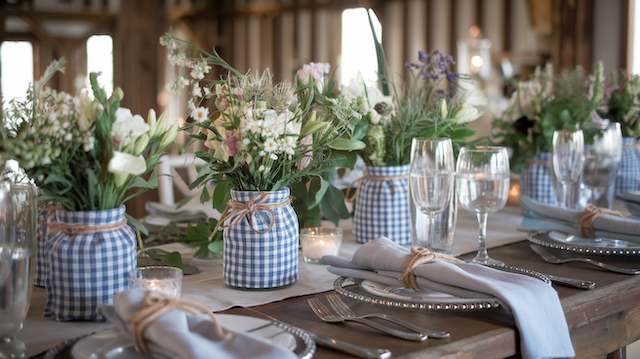 Linen Napkin Wrapped Jars Mason jars wrapped in blue gingham linen napkins with twine, filled with wildflowers on a rustic wedding table set with candles and glassware.