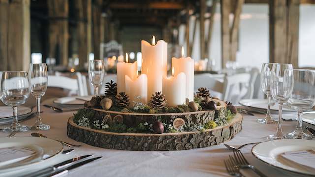 Log Slices and Candles Rustic wedding centerpiece with pillar candles on stacked log slices, surrounded by pinecones, moss, and natural woodland accents.