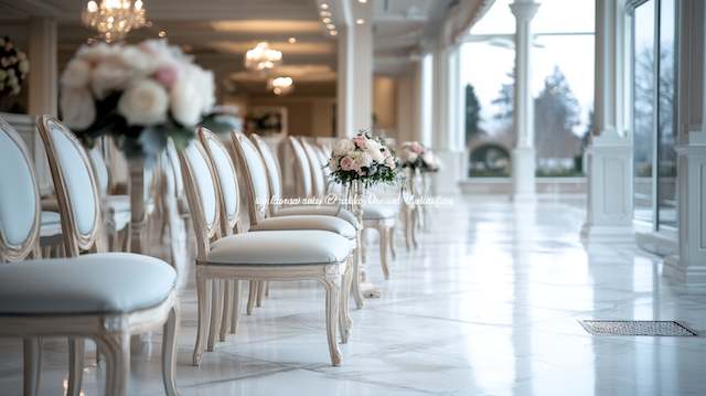 Louis Chairs Elegant indoor wedding setup with Louis chairs featuring upholstered seats and ornate frames, enhancing a sophisticated atmosphere.