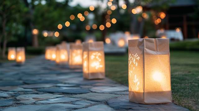 Luminary Bags Paper luminary bags glowing along a stone walkway at an outdoor wedding, creating a warm romantic path with soft candlelit ambiance at dusk.