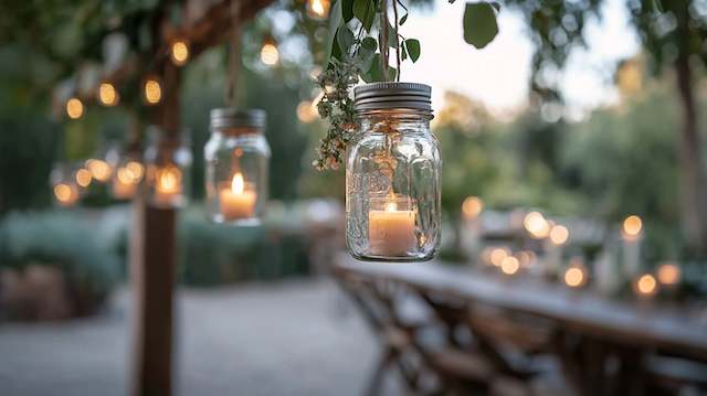 Mason Jar Lanterns Hanging mason jar lanterns with candles glowing from tree branches, creating warm rustic lighting for an outdoor wedding reception.