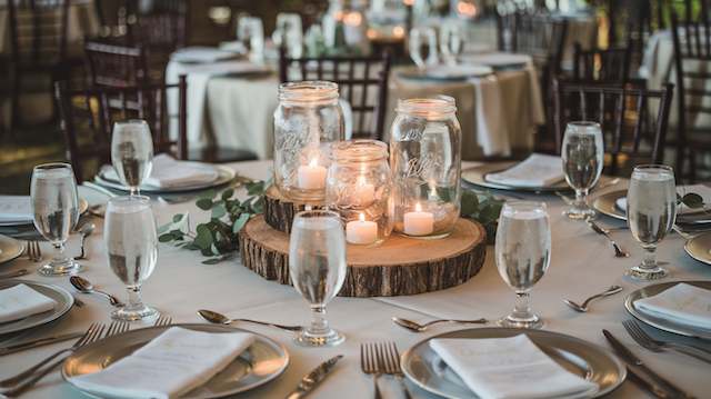Mason Jar Magic Rustic wedding table with mason jar candle centerpieces on wood slices, greenery accents, and elegant place settings around the display.
