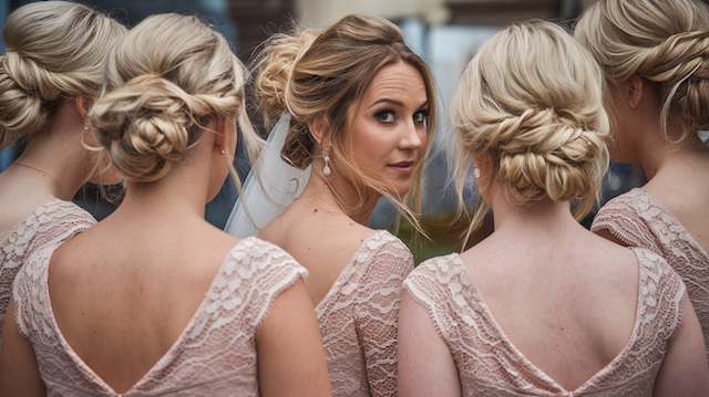 Messy Low Bun Bride surrounded by bridesmaids wearing messy low buns with soft face-framing strands, all in blush lace dresses, captured outdoors.