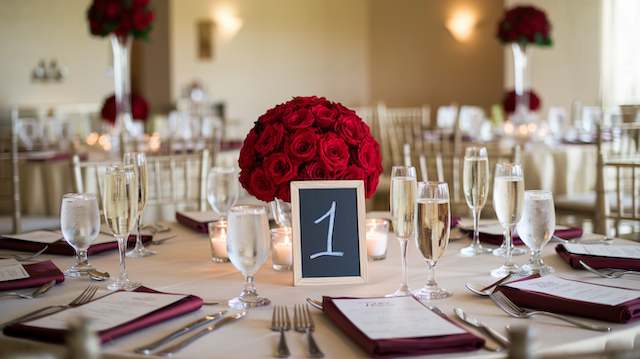 Mini Chalkboard Table Numbers Elegant wedding table with a mini chalkboard table number, red rose centerpiece, champagne flutes, and candles creating a classic romantic look.