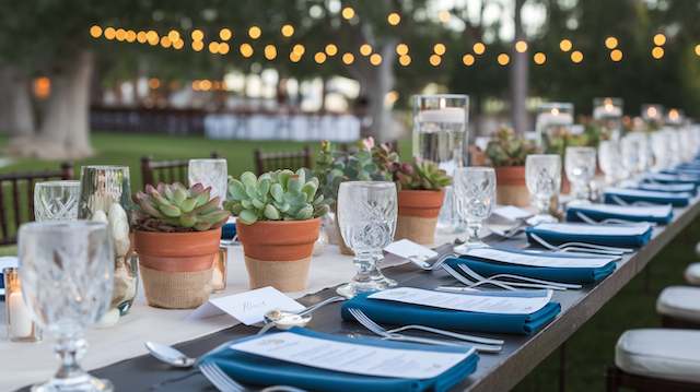 Mini Potted Succulents Long outdoor wedding table lined with mini potted succulents, crystal glassware, blue napkins, and floating candles under string lights.
