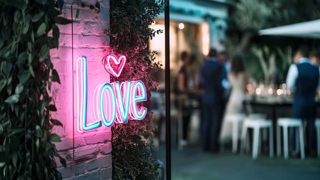 Pink and blue neon “Love” sign glowing on a garden wall at an outdoor wedding, creating a vibrant photo backdrop near guests mingling at dusk. Pink and blue neon “Love” sign glowing on a garden wall at an outdoor wedding, creating a vibrant photo backdrop near guests mingling at dusk.
