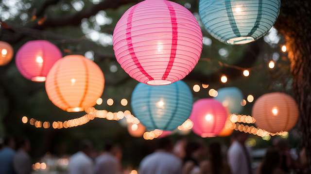 Paper Lantern Garland Colorful paper lantern garland hanging from tree branches at an outdoor wedding, glowing warmly above guests and soft string lights at dusk.