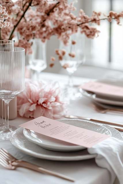 Personalized Printed Menu Cards Elegant table setting with pink menus, clear glassware, and cherry blossom branches, creating a soft and romantic ambiance.