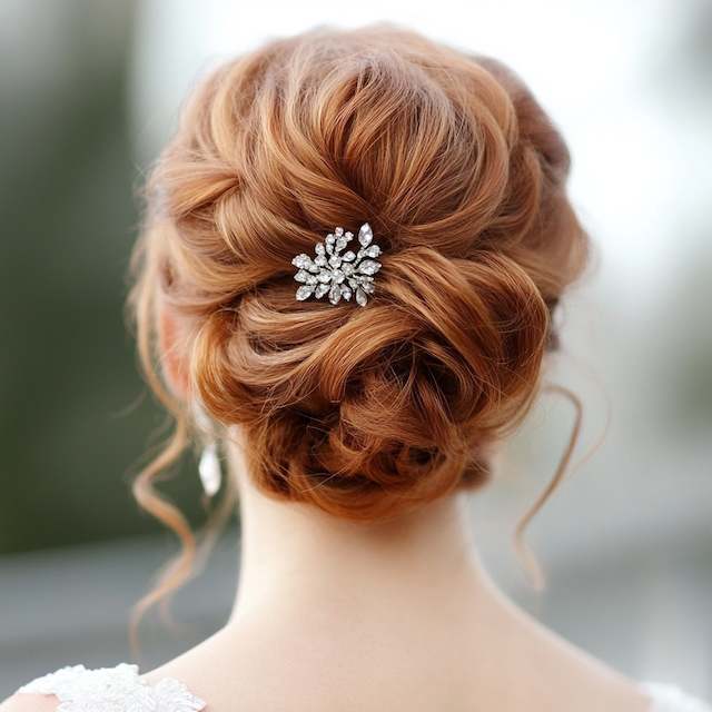Pinned Curls Red haired bridesmaid with soft pinned curls styled into an elegant updo, adorned with a jeweled floral hairpin, shown from the back outdoors