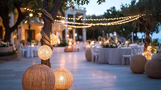 Rattan Ball Lights Outdoor wedding setup with glowing rattan ball lights, string lights overhead, and round tables decorated with candles and greenery.