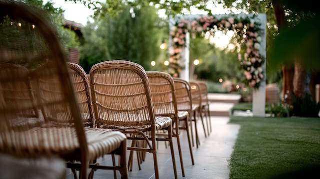 Rattan Chairs Rattan chairs line a garden path, providing a natural and elegant seating option, with a floral arch in the background.