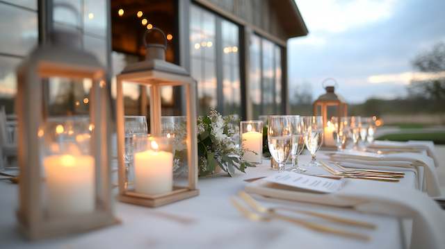 Rustic Candle Lanterns Rustic wedding table with glowing candle lanterns, glassware, and greenery set beside a barn at sunset for a warm, romantic ambiance.