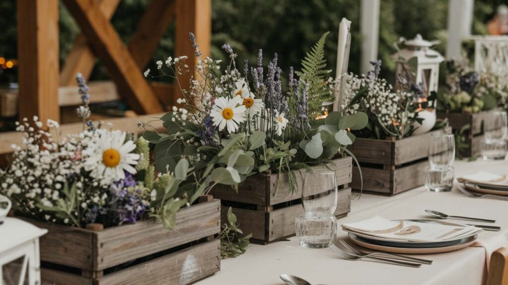 Wooden crates filled with daisies, lavender, eucalyptus, and baby’s breath arranged as rustic wedding table centerpieces on a neutral tablecloth. Rustic Crates with Wildflowers