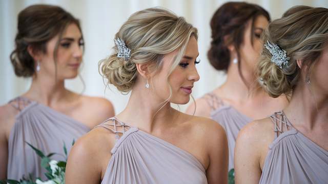 Side Bun Bridesmaids with soft side buns and loose face-framing strands wearing mauve one-shoulder dresses, featuring jeweled hair combs.