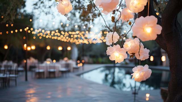 Silk Flower Lights Silk flower lights glowing softly in the trees, creating a romantic ambiance over an outdoor wedding reception by the pool at dusk.