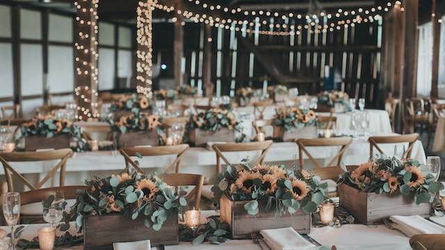 Simple Wooden Boxes Rustic wedding reception with wooden box centerpieces filled with sunflowers and eucalyptus, styled on long tables with twinkle lights above.