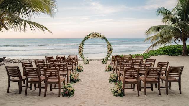 Slatted Chairs Beach wedding setup with slatted wooden chairs facing the ocean, featuring a floral arch and tropical palms for a serene ambiance.