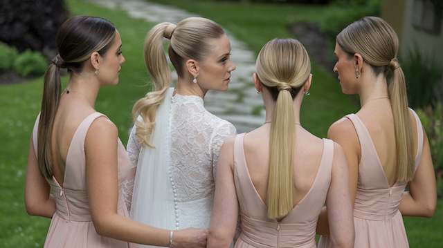 Sleek Ponytails for Modern Bridesmaid Hair Bride and bridesmaids wearing sleek high ponytails in pale pink dresses, standing together outdoors with smooth, polished hairstyles.