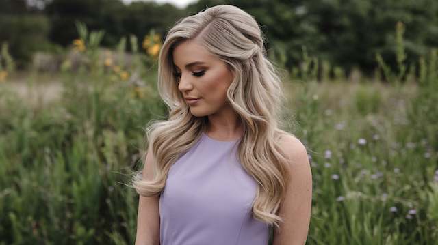 Soft Blowout Bridesmaid with long soft blowout curls and a deep side part wearing a lavender halter dress, standing outdoors in a field with wildflowers.