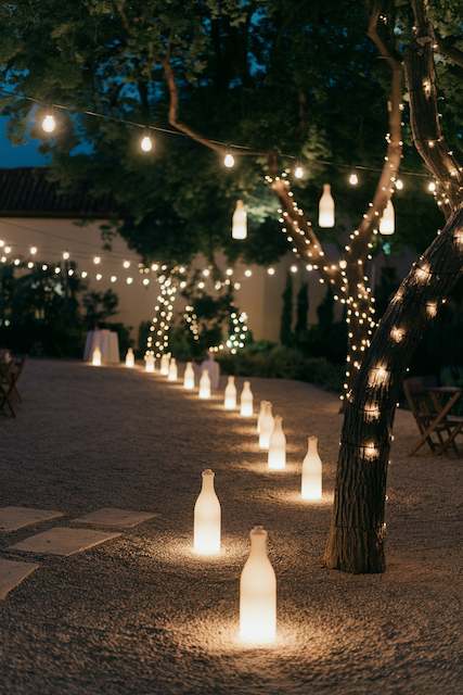 Solar Bottle Lights Solar bottle lights lining a garden path, with fairy lights wrapped around trees and glowing warmly above outdoor wedding tables at night.