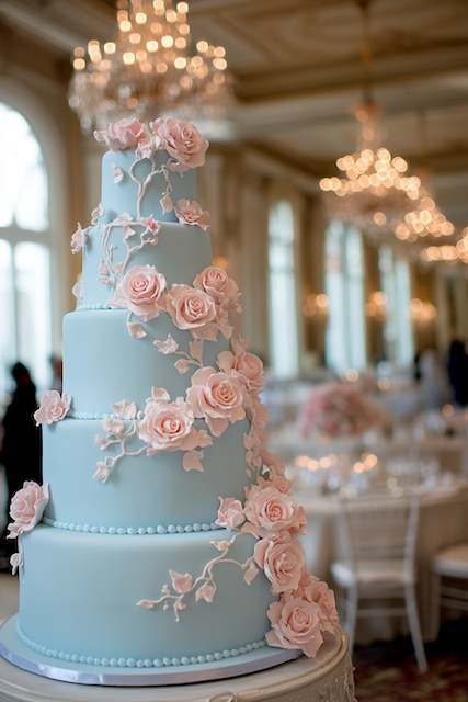 Statement Wedding Cake Display A towering blue wedding cake adorned with delicate pink roses, set in an elegant ballroom with chandeliers and large windows.