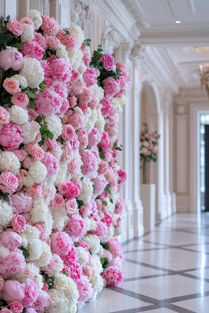 Statement Floral Wall Luxurious hallway with an ornate wall of pink and white roses, creating a lush floral display against an elegant architectural backdrop.