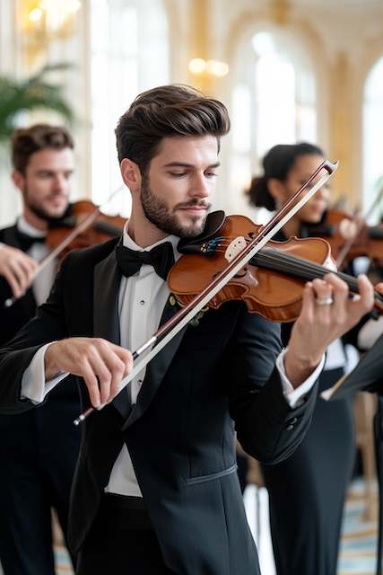 String Quartet Entertainment A string quartet performance at a wedding, with musicians in formal attire playing violins in an elegant and bright venue.