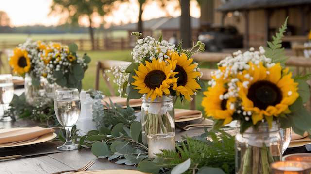 Sunflower Bouquets Rustic wedding table with mason jars filled with sunflowers, baby’s breath, and greenery, styled outdoors with candles and wooden place settings.