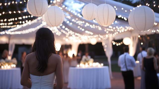 Tent Lighting with Fairy Lights Fairy lights and paper lanterns illuminate a wedding tent, creating a warm, romantic atmosphere as guests gather for an evening celebration.