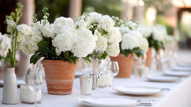 Terracotta Pots with Greenery Terracotta pots filled with white hydrangeas arranged along a rustic wedding table, creating a fresh, natural centerpiece with simple elegance.