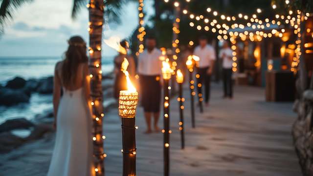 Tiki Torches with Fairy Lights Bride walking along a beachside wedding pathway lined with tiki torches wrapped in fairy lights, creating a warm tropical glow at dusk.