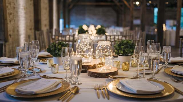 Twinkle Light Jars Rustic wedding table with mason jars filled with twinkle lights on wood slices, surrounded by gold chargers, candles, and elegant glassware.