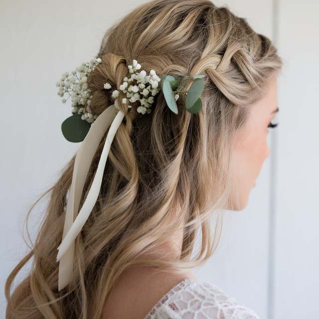 Twisted Crown Blonde bridesmaid wearing a twisted crown half up hairstyle adorned with baby’s breath, eucalyptus, and ribbon, shown from the side.