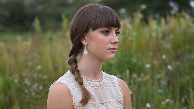 Twisted Low Ponytail Bridesmaid with blunt bangs wearing a twisted low ponytail, shown in a lace top outdoors against a soft green field background.