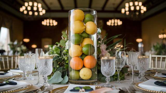Vase and Citrus Combinations Clear tall vase filled with lemons, limes, and oranges styled as a vibrant wedding centerpiece with crystal glassware and greenery accents.