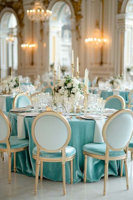Velvet Draped Tables Grand ballroom with crystal chandelier centerpieces and lush pink floral arrangements on tables, creating an opulent atmosphere.