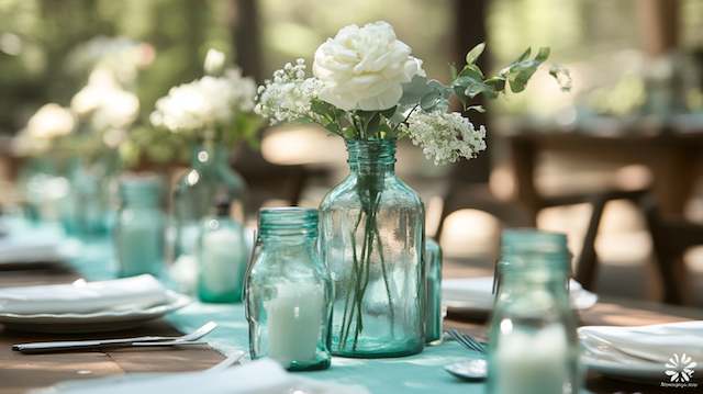 Rustic wedding table with vintage blue glass bottles used as vases, holding white flowers along a soft teal runner in an outdoor setting. Vintage Glass Bottles