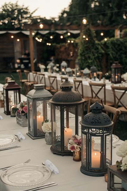 Vintage Lanterns Vintage metal lanterns with candles and floral accents decorating a long outdoor wedding table under string lights in a cozy garden setting.