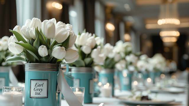 Vintage Tea Tins Vintage Earl Grey tea tins used as vases filled with white tulips on an elegant wedding table accented with candles and soft lighting.